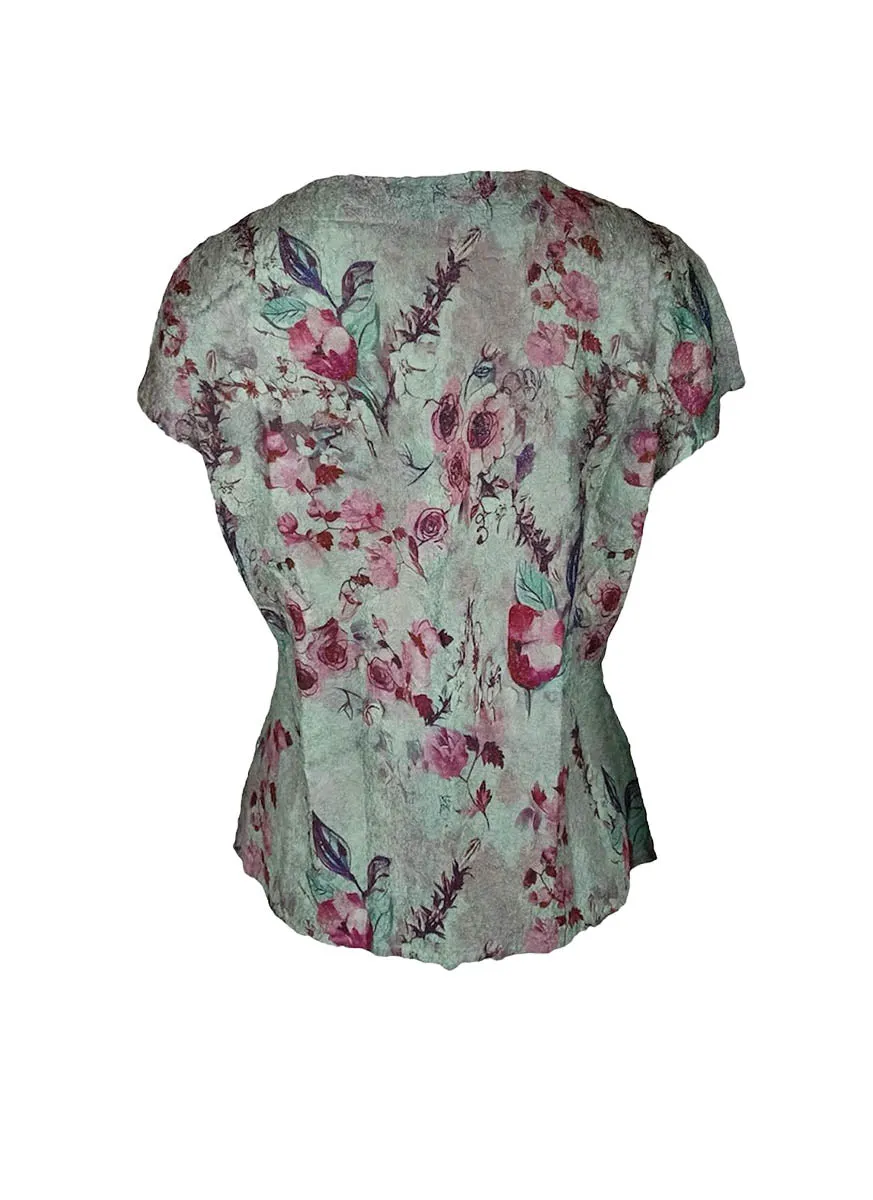 7240017 Floral Printed Pleated Top *Green