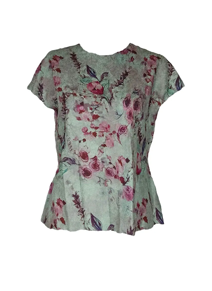 7240017 Floral Printed Pleated Top *Green