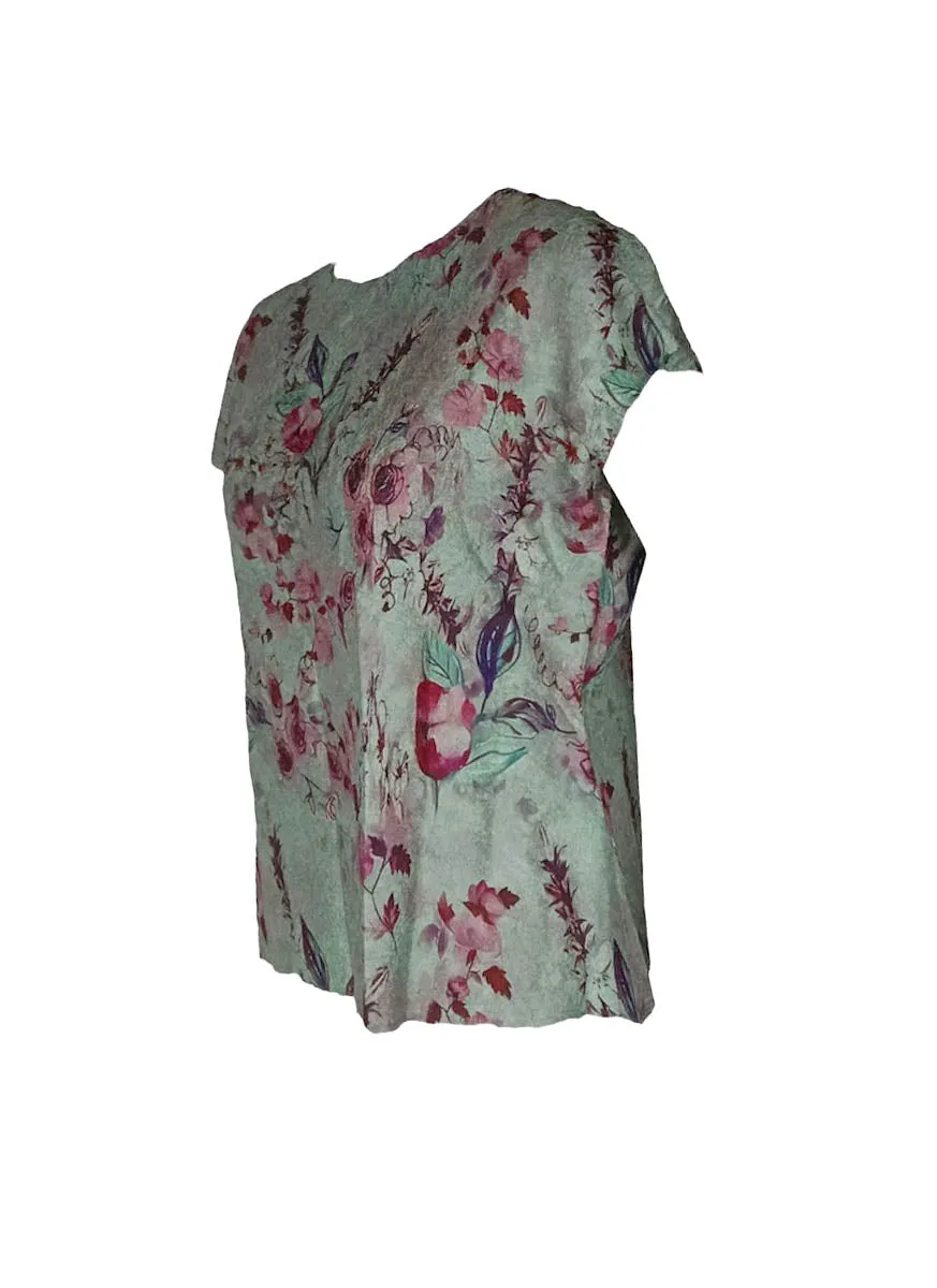 7240017 Floral Printed Pleated Top *Green