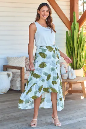 Acacia White/Green Leaf Print Wrap Maxi Skirt