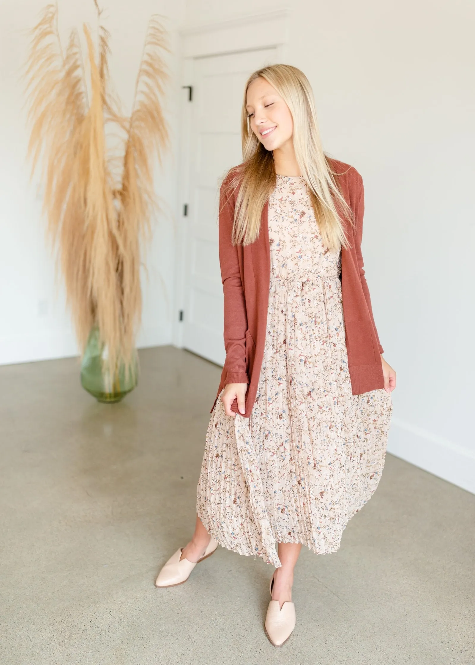 Beige Pleated Floral Midi Dress