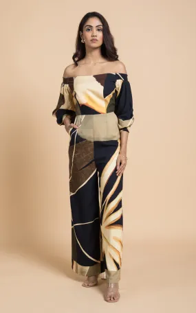 Black & Beige Abstract Printed Jumpsuit