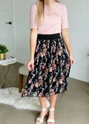 Black Floral Pleated Midi Skirt