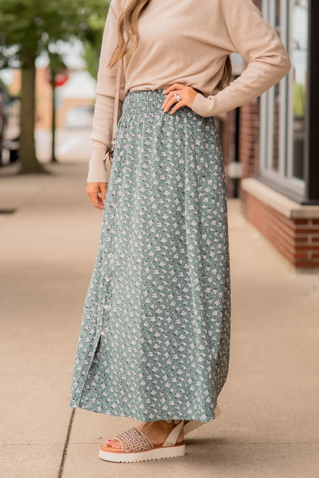 Bouquets Button Accent Maxi Skirt