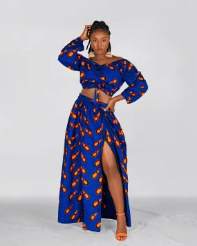 Chinwe Ankara Maxi Skirt | Blue and Orange African Print