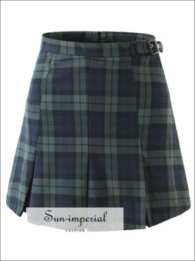 Dark Green and Blue High Waist Check Gingham Plaid Pleated Mini Skirt with Buckle Belt detail