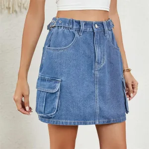 Denim Waist Casual Summer Adjustable Multi-pocket Cargo Washed Skirt