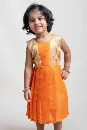 Elegant Orange Pleated Semi-Silk with Beige Pleated Yoke Frock For Girls