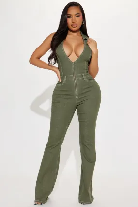 Fine Time Denim Jumpsuit - Olive