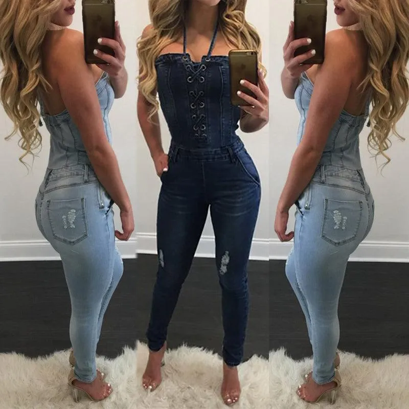 FITTED DENIM LACE-UP JUMPSUIT