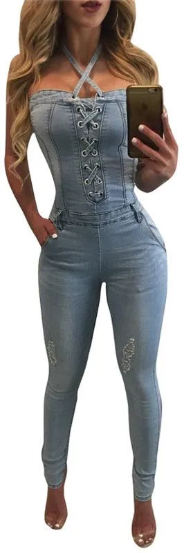 FITTED DENIM LACE-UP JUMPSUIT