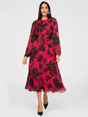 Floral Print Round Neck Midi Dress With Pleated Skirt