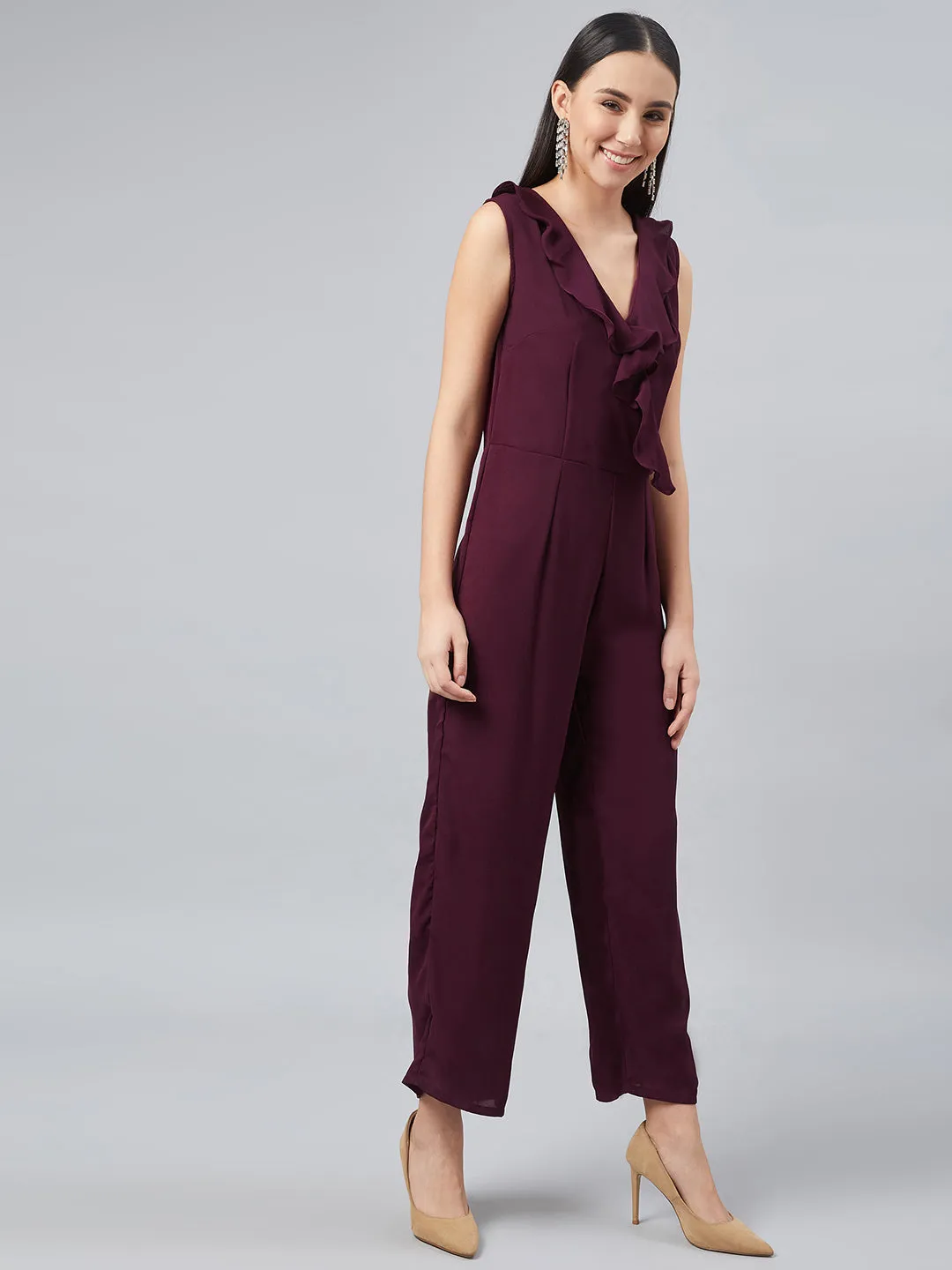 Maroon Basic Jumpsuit with Ruffles