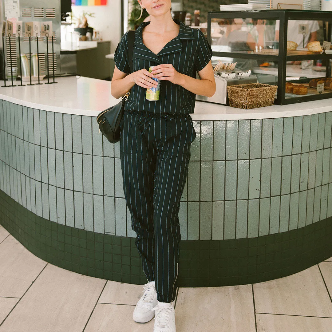 Navy Pinstripe Collar Jumpsuit