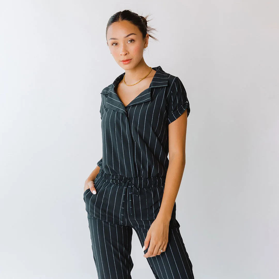 Navy Pinstripe Collar Jumpsuit